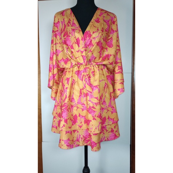 Unbranded Dresses & Skirts - Pink Orange Floral Kimono V-Neck Flared Sleeve Mini Dress Boho Party Medium